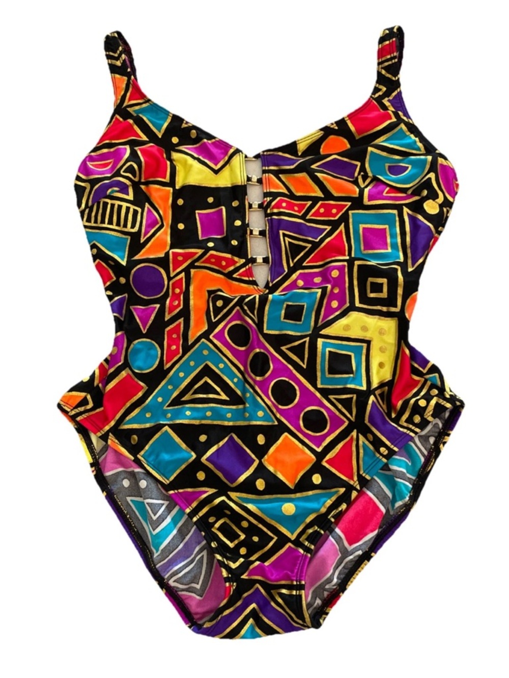 VTG Le Blanca Funky Geometric Print Neon Gold High Cut One Piece Swimsuit SZ 16